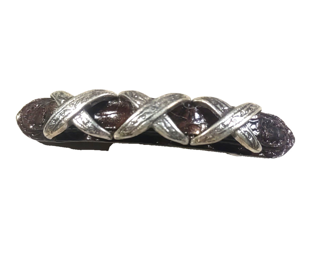Brown Leather Silver Tone Hair Barrette Tension Clip Southwestern Style